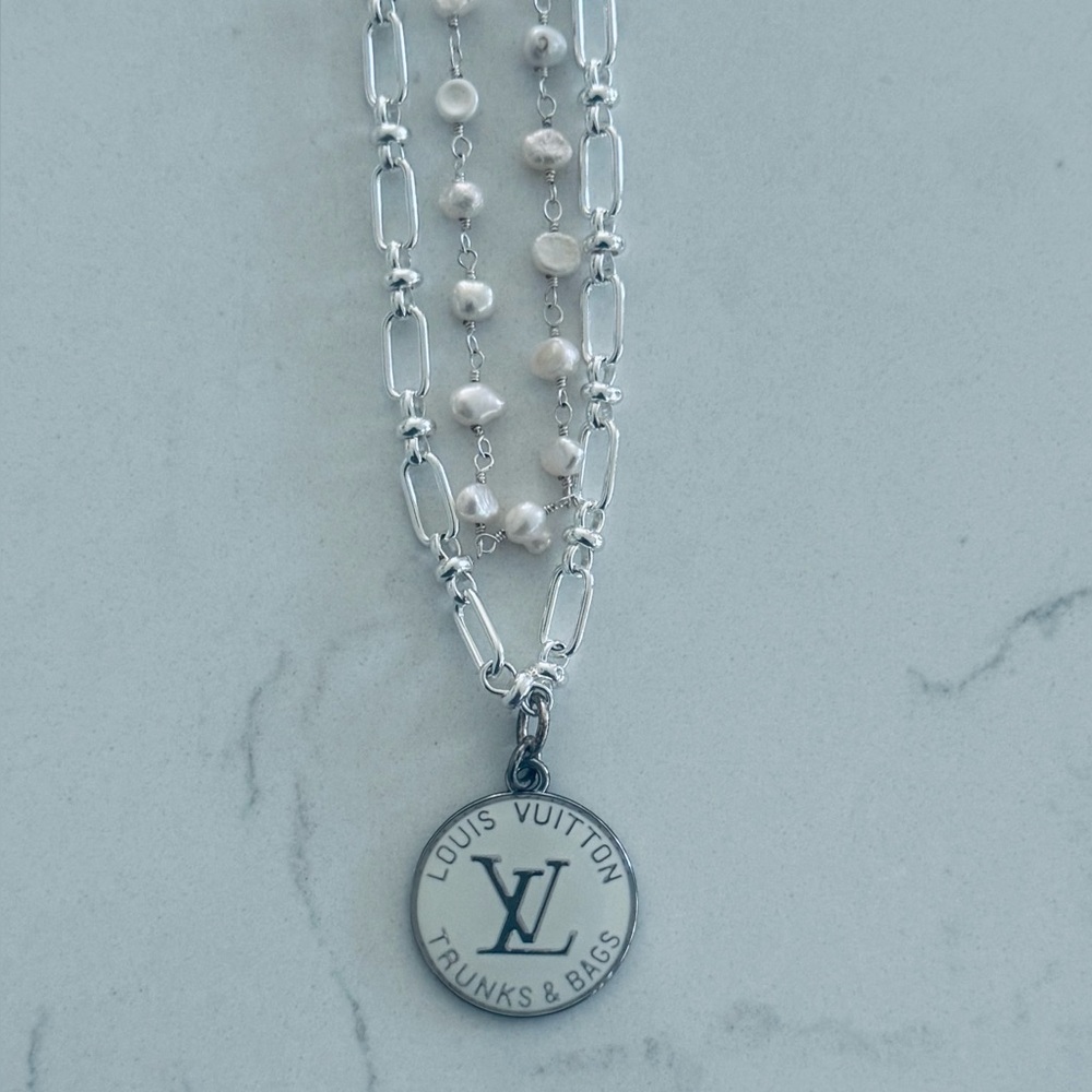 2 Strand Paperclip & Freshwater Pearl Necklace w/ 1” White Louis Vuitton Pendant - Picture 3 of 5